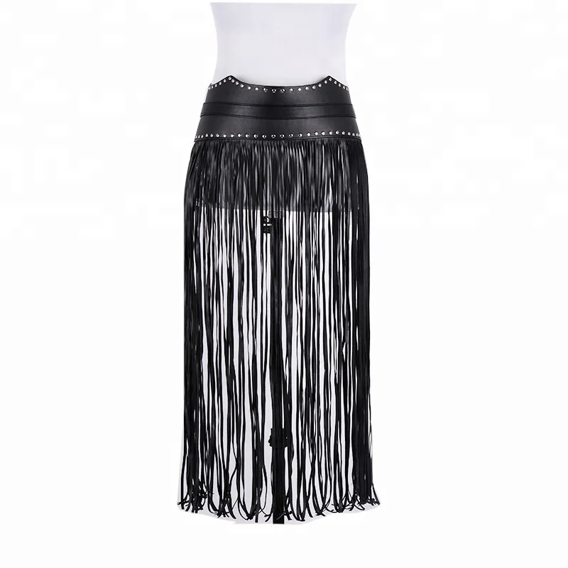Sexy Woman leather tassel skirt 2018 ladies belt Nightclub  studs pu tassel dress skirt waist wide waist seal
