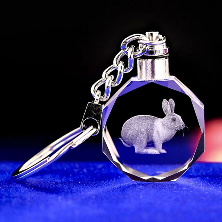 High Quality rabbit custom laser engraved crystal glass Keychain Color Printed Creative 12 chinese Zodiac Sign Key Chain for gif
