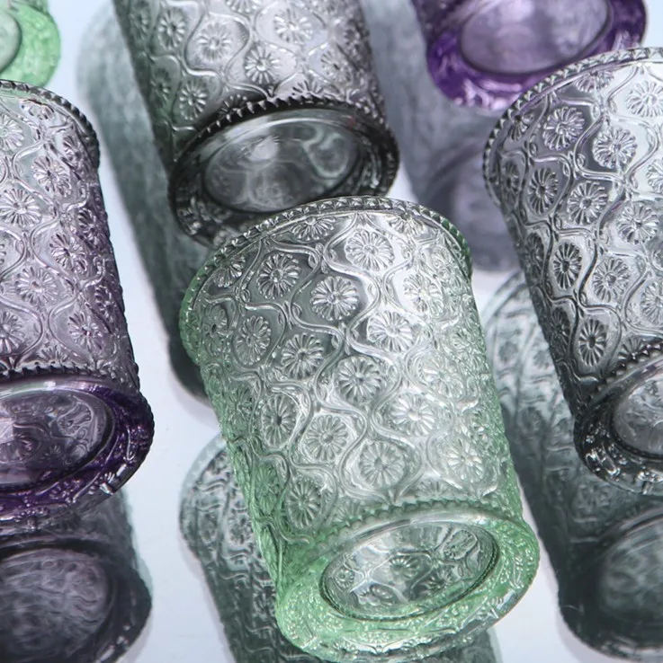 Home decor machine-pressed Green Color embossed Water Glass/Color glass tumbler