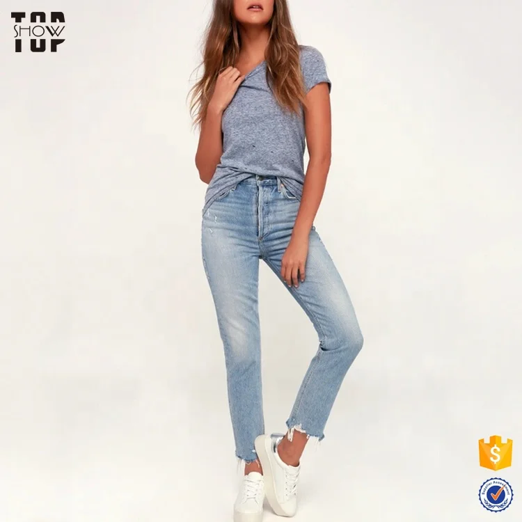 Oem tshirt women short sleeves distressed t-shirt in slate blue