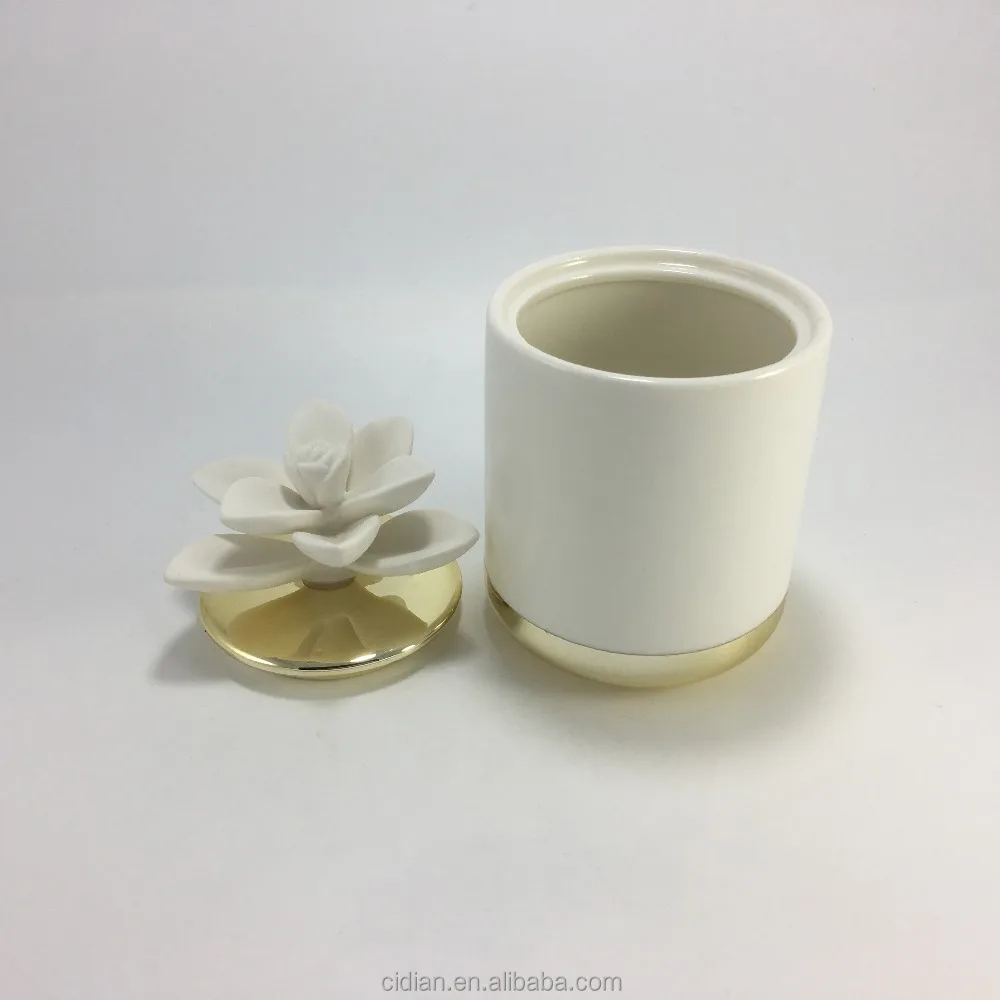 Unique Ceramic candle jar with ceramic flower gold lid