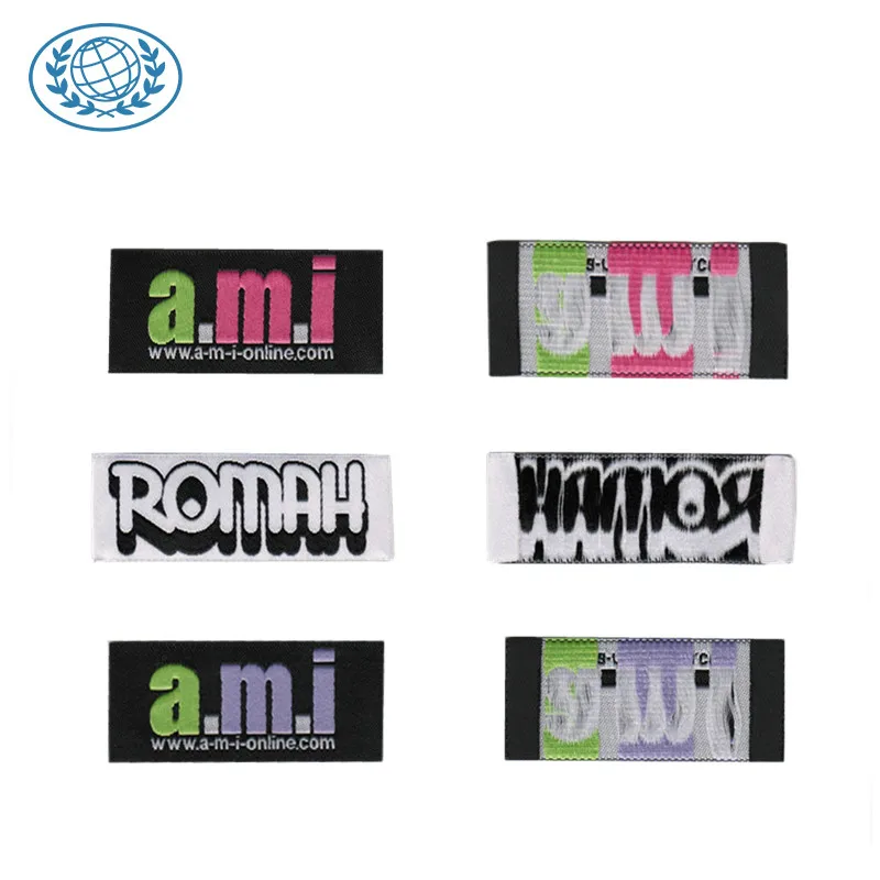Custom Woven Label Flower Brand Name Logo Centerfold Machine Woven Damask Clothes Labels for Clothing Uniform Garments
