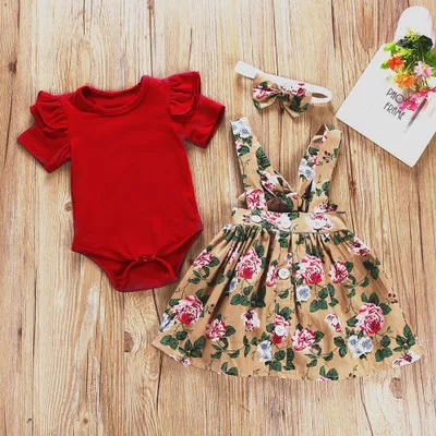 
Wholesale Clothing Set Cotton 3Pcs Baby Toddler Girls Kids Overalls Skirt +Headband+Romper Clothes Outfits 