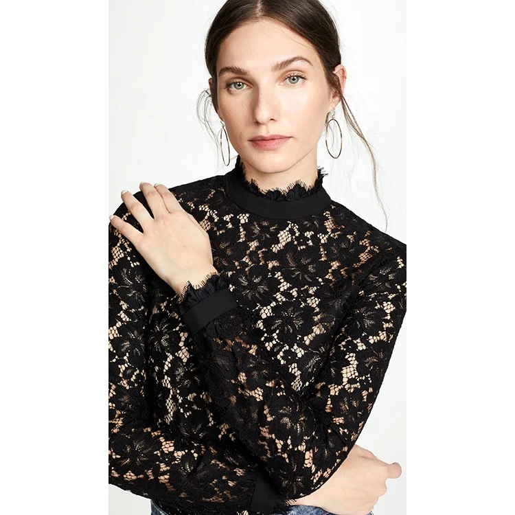 Autumn ladies long sleeves blouses tops black lace blouses shirts