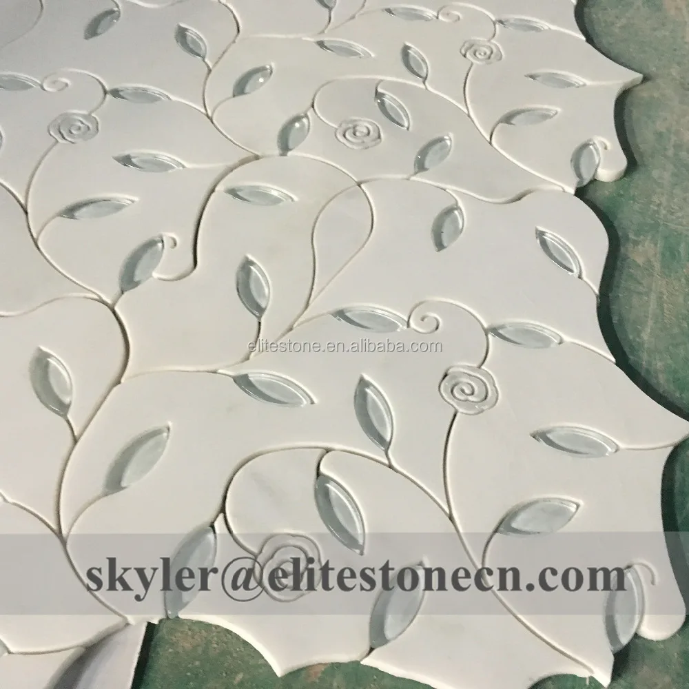glass mixed marble flower leaves pattern waterjet tile mosaic