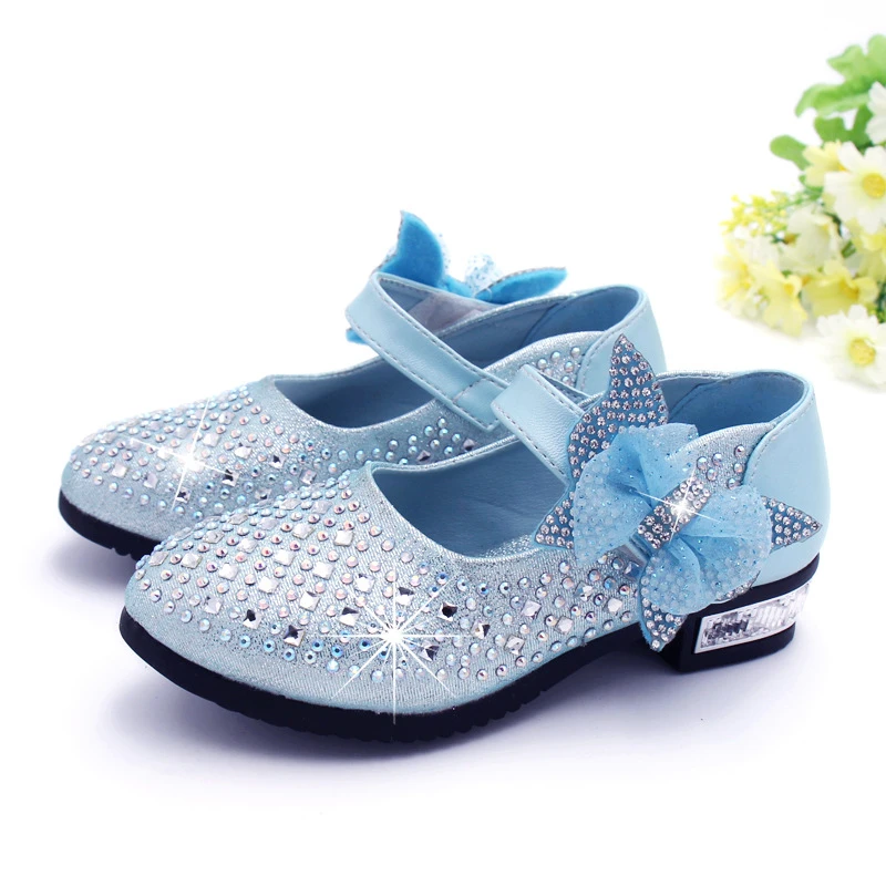 Autumn New Crystal Shiny Bowknot Children Princess Kids High Heel Shoes