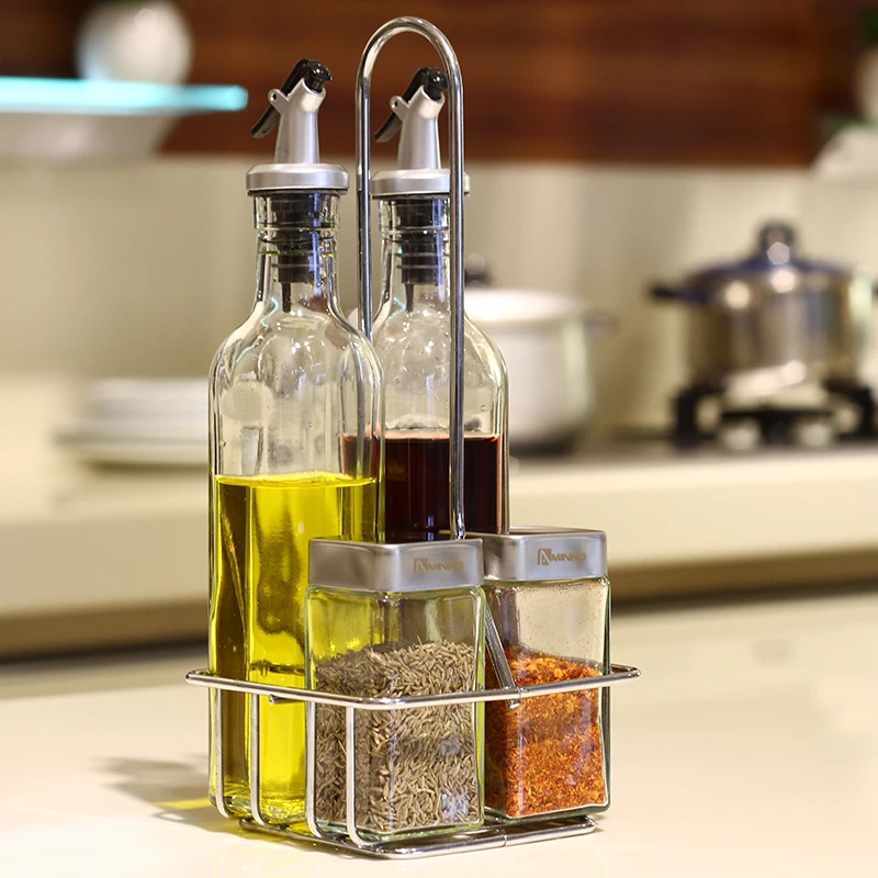 5pcs Glass Cruet Set Glass Salt Pepper Shaker Condiments Bottle Spice Jar Set With Holder