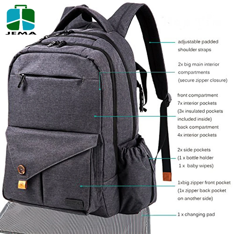 heather black Baby extra large diaper bags Backpack for dad or moms