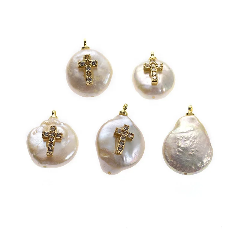 
DIY Beads Gold Plated Cubic Zirconia Micro Pave Pave Freshwater Pearl Coin Cross Pendant Charm For Jewelry Making 