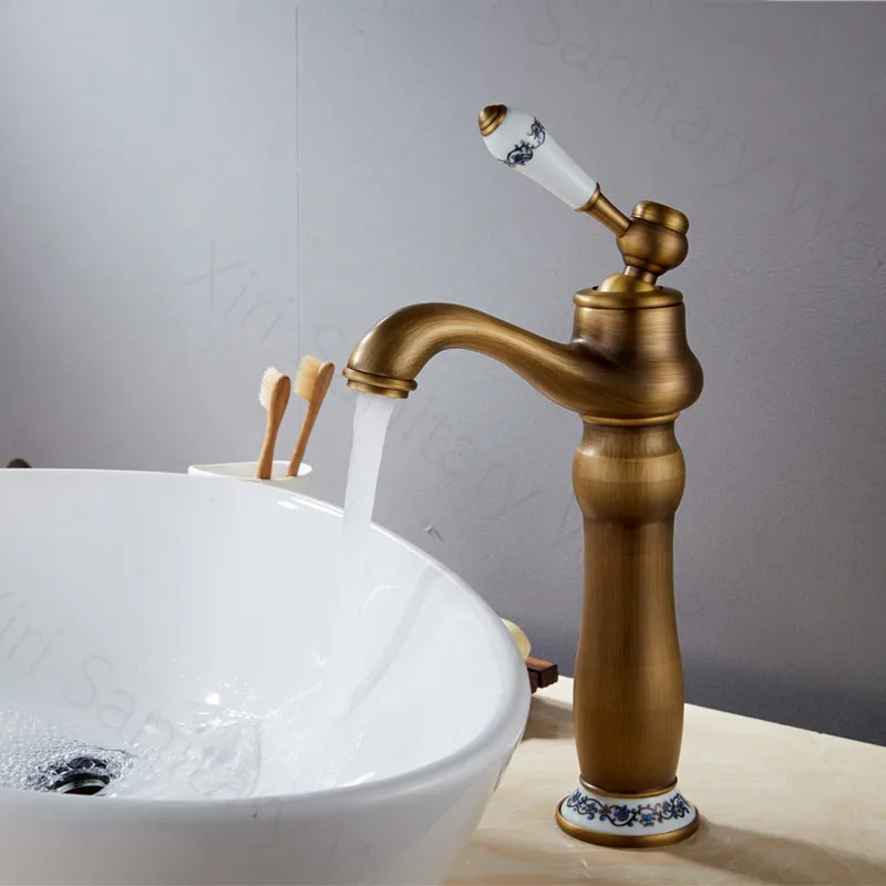 Antique Brass Faucet Deck Mounted Curved Basin Faucet XiRi-8766 For Bathroom
