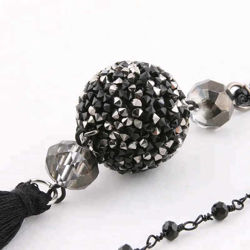 
NeeFu WoFu Pendant Necklaces Big 20mm Rhinestone Ball Necklace Handmade 2mm Black Crystal Wrapped Beaded Bohemian Tassel Long Ne 