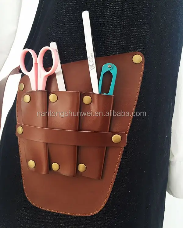 custom denim barber apron with leather pocket