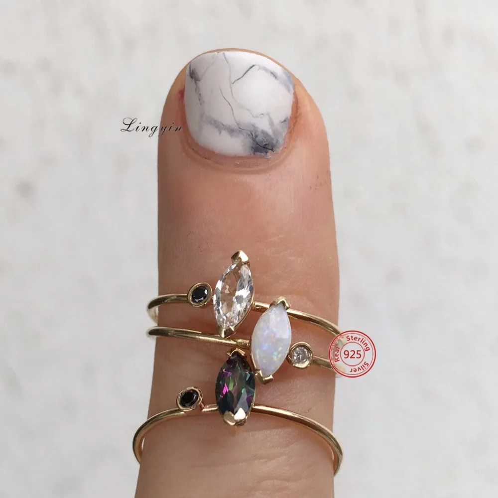 Unique sterling silver gold plated diamond marquise white opal women fine jewelry rings