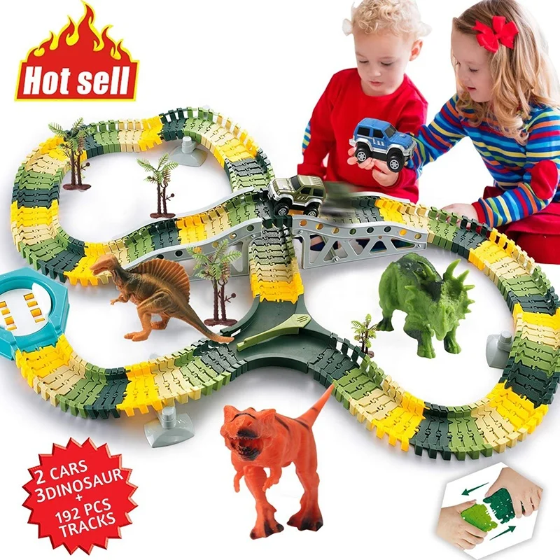 Amazon Simulation Dinosaur Race Car Track Toy Set 192PCS Flexible Tracks Toy for kid