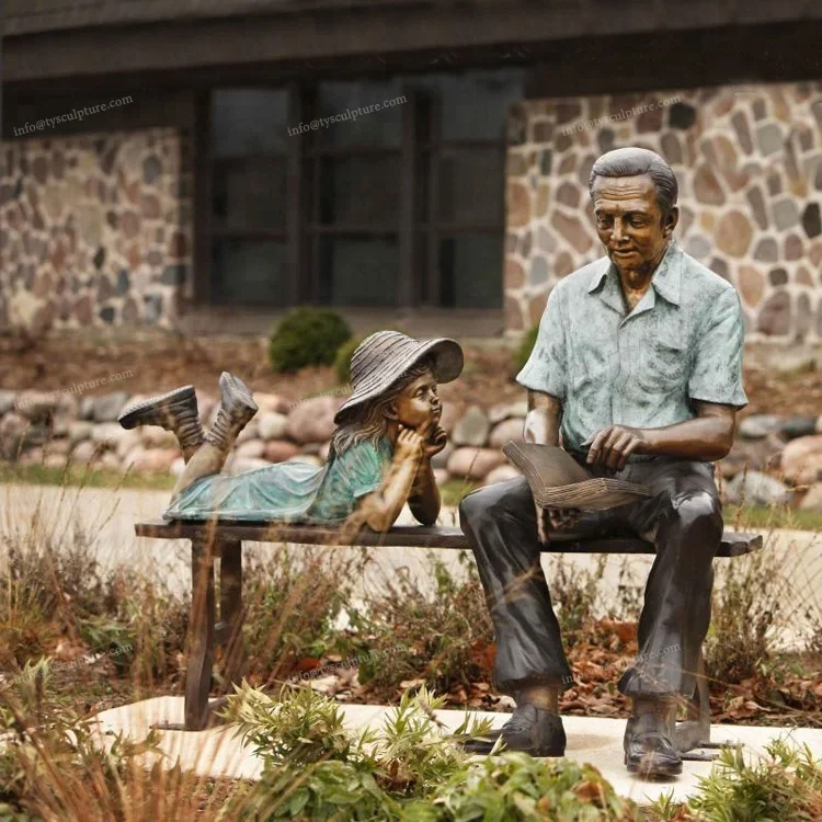 modern outdoor decoration bronze girl and boy reading on bench sculpture