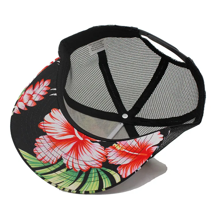 Custom floral fabric flat brim trucker cap hat with embroidery patch