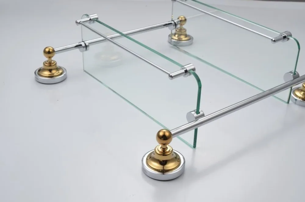 
KD9114 wall mounted double tier golden PVD glass bathroom corner shelf 