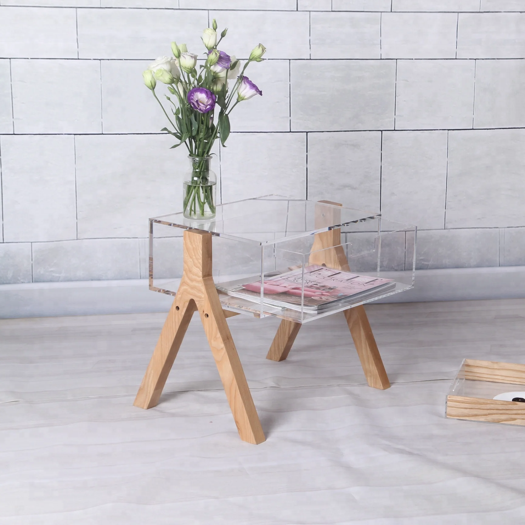 Wood Legs lucite chic design acrylic modern side table with drawer