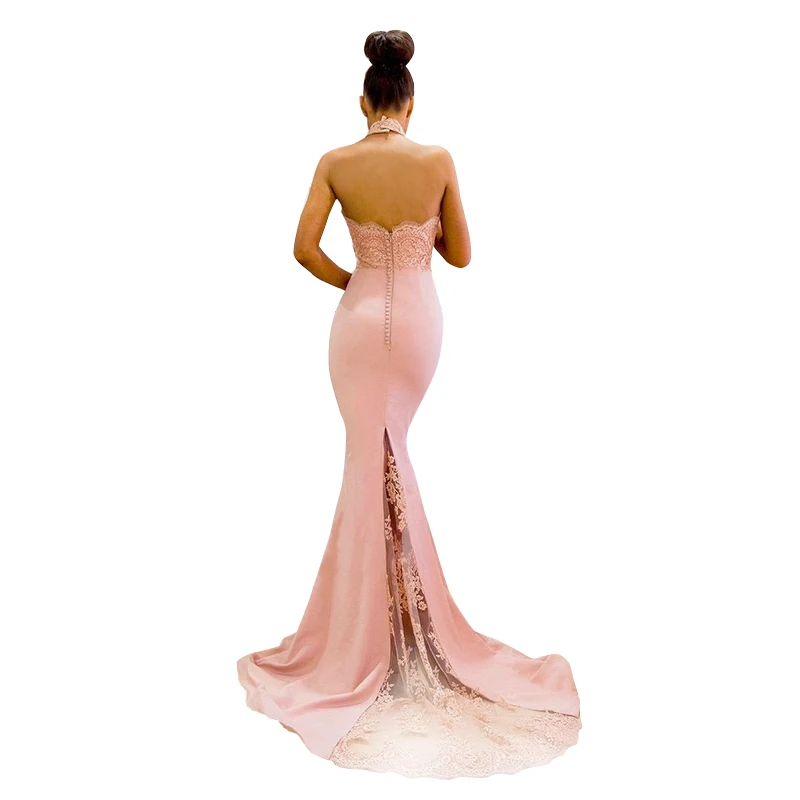 Women Sheer Halter Neck Sleeveless Evening Prom Dress 2019 Mermaid Satin Evening Dress