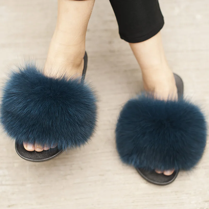 CX-A-70B Factory Wholesale Long Hair and Soft Real Fox Fur Slides for Women