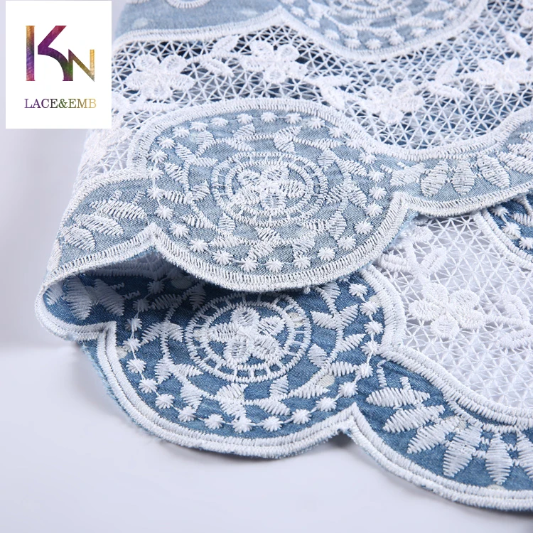 
Creative desgin dot circle blue embroidered 100 cotton denim fabric for skirt making 