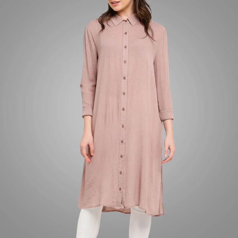 New Arrival Plain Crepe Buttoned Down Long Tunic Tops For Muslim Women Lady Blouse Long Sleeves Abaya Dress Islamic Clothing
