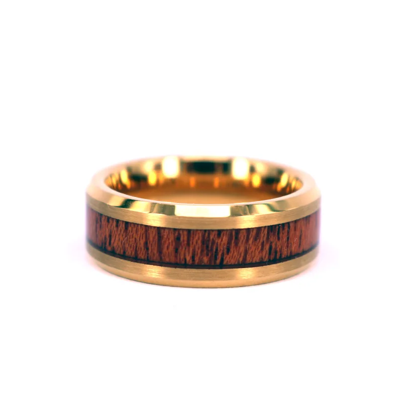 Tungsten Ring Yellow Gold Wood Inlay Wedding Band,8mm Polished Hawaiian Koa Wood Tungsten Band Ring