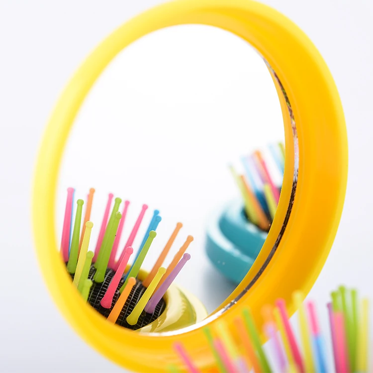 ABS plastic comb black cushion pocket round shape mirror hair brush foldable hairbrush with glass mirror