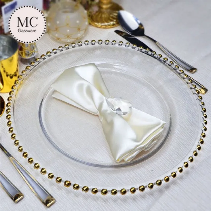 For wedding decorate gold rim glass charger plates gold rim beaded luxury dinnerware sets for decoration on table