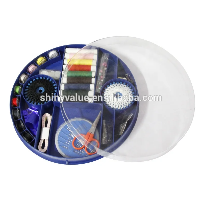 Complete Sewing Kit Box with 75pcs Accessories Big Blue round Plastic for Hand Sewing and Knitting for Office or Christmas