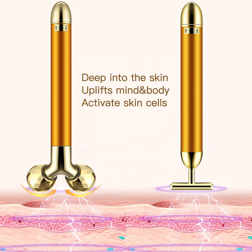 Wholesale 24k Gold Skin Care Face Massager 3D Roller Electric Sonic Depuffer Energy Beauty Bar with Package Combination