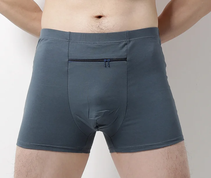 China men underwear with pocket manufacture 100% bamboo pure soft secret pocket underwear mens zipped pocket boxer plus size