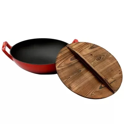 Induction Japanese Enamel Cast Iron Wok Pan With Wooden Cover