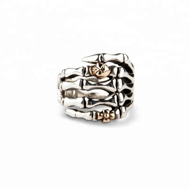 
 Уникальный дизайн 925 стерлингового серебра скелет руки череп байкерские кольца  