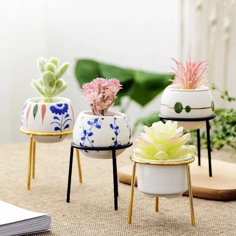 Home decoration mini pots ceramic iron stand