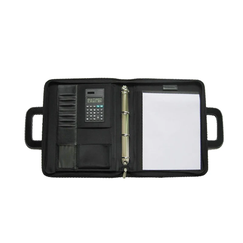 
Zipper Ring Binder PVC Leather Folder Document Bag Calculator 