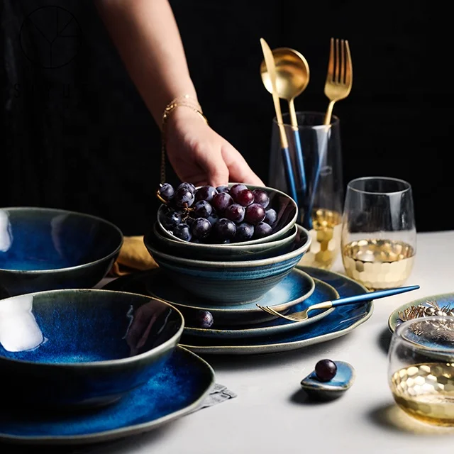 Переменная под глазурованным цветом синяя чаша наборы посуды керамическая фарфоровая обеденная 1171