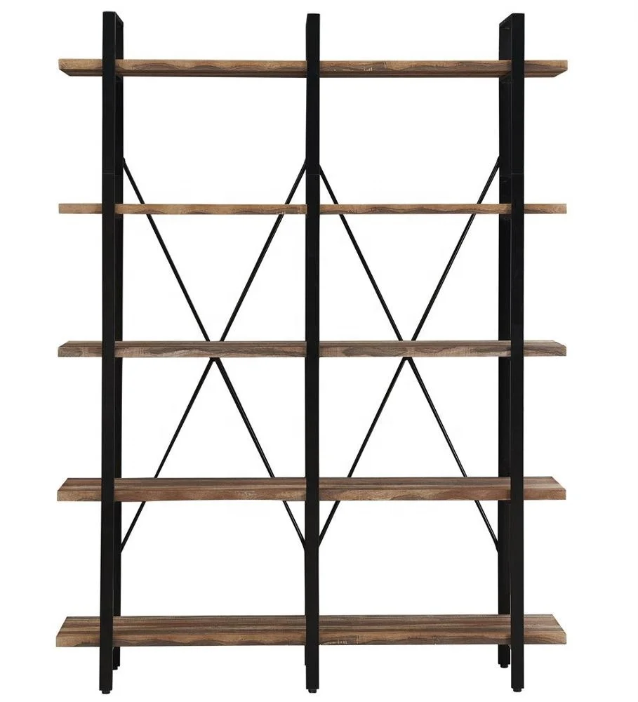 Double Wide 5-Tier Open Bookcases Furniture, Vintage Industrial Etagere Bookshelf, Large Book Shelves for Home Office Display
