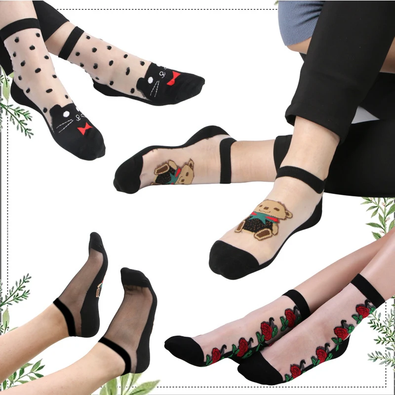 Fashion flower design crystal sheer socks women nylon silk socks for sale