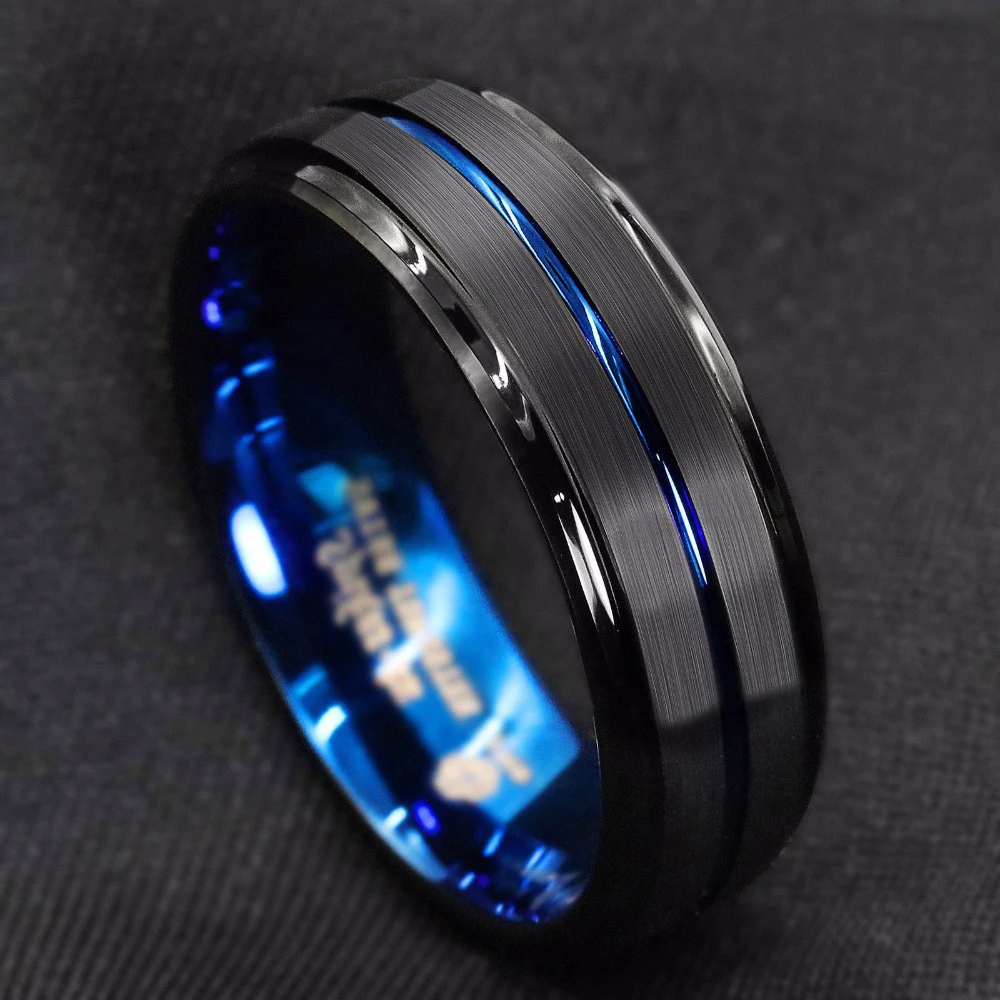 
8MM Black Brushed Ladder Edge Tungsten Ring BLue Stripe Mens Wedding Band 