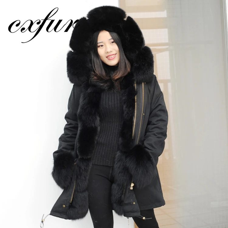 CX-G-P-02B Black Real Fox Fur Lined Parka Jacket