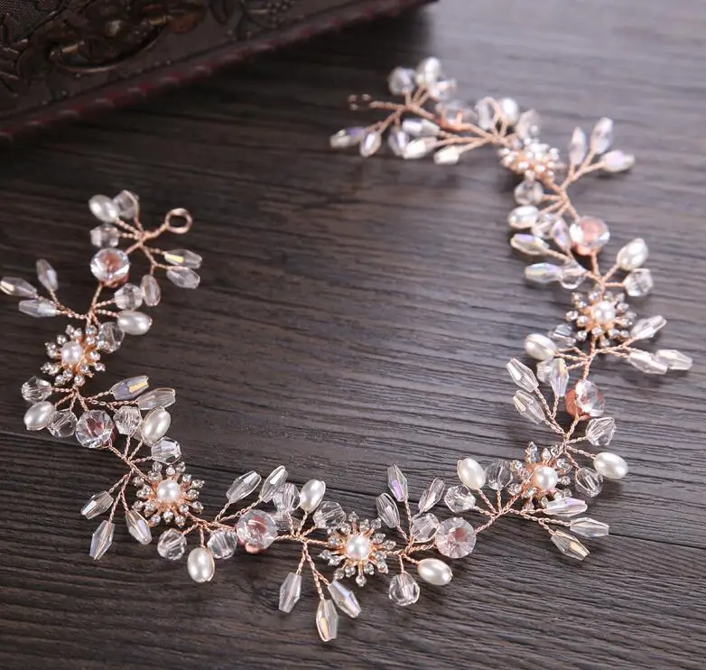 Gorgeous Rose Gold Wired Rhinestones Crystals Pearls Flower Wedding Headband Bridesmaid Bridal Hair Vine Hair Accessories