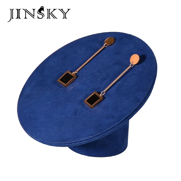 JINSKY custom suede blue jewelry display wooden earring stand jewellery display set for window showcase