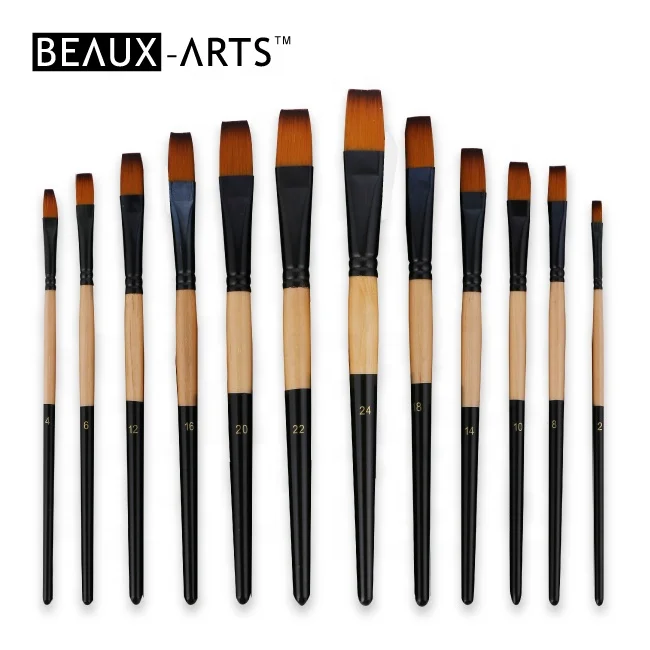 Flat Bicolor Synthetic Artist Brush Acrylic Painting Brushes with Black Aluminum Ferrule and Wooden Handle