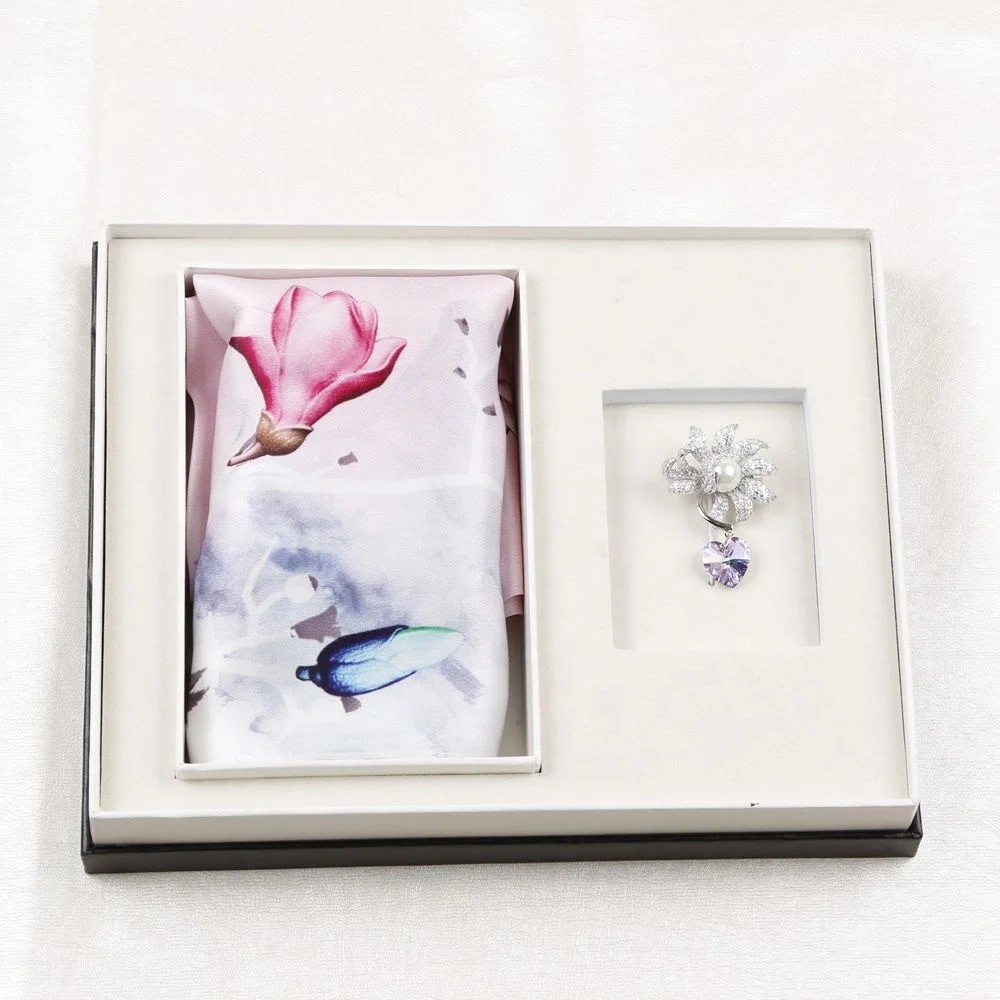 
Pink Silk Scarf & Brooch Women Business Classical Gift Set for Christmas 