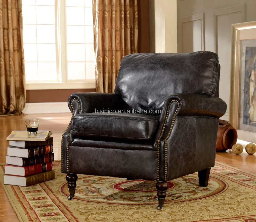 Vintage Italian Brown Leather Club Arm Chair With Nail Head/Cigar Leather Chair