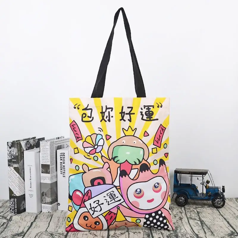 Пользовательская черная ручка полноцветная мультяшная сублимационная печать холст хлопчатобумажная сумка для шоппинга для женщин