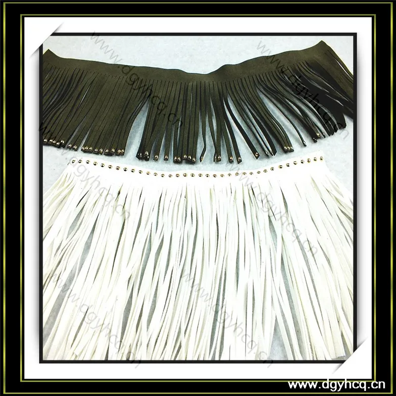 Fashion style long fringe trim microfiber suede leather fringe trim with rhinestone for shoes handbags pillow decoration