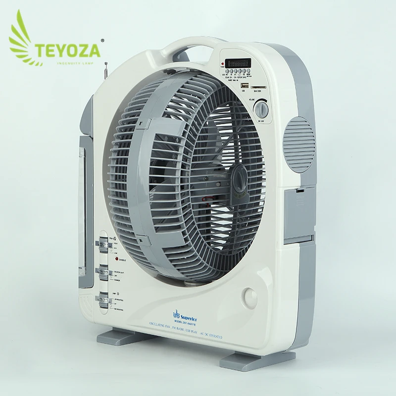 teyoza guangdong charging fan low price12 inch usb  rechargeable mini box emergency solar table fan with MP3 and FM radio