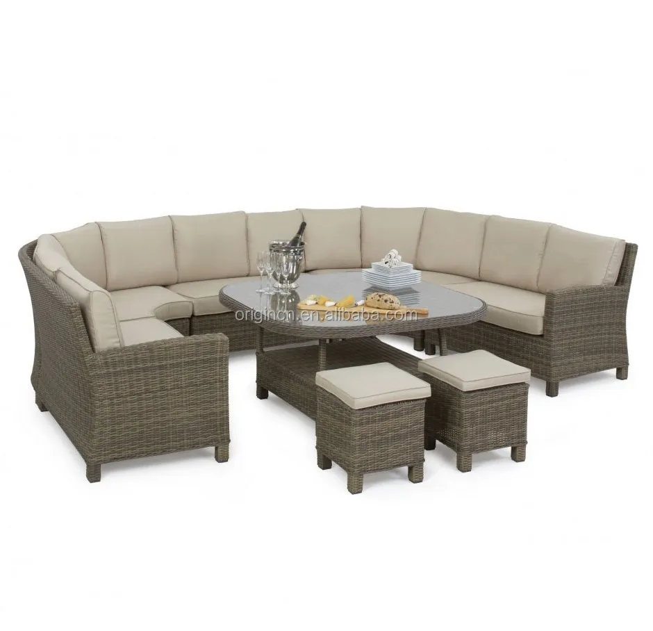 Multifunctional outdoor dining table and chairs furniture set wicker u shape sectional sofa